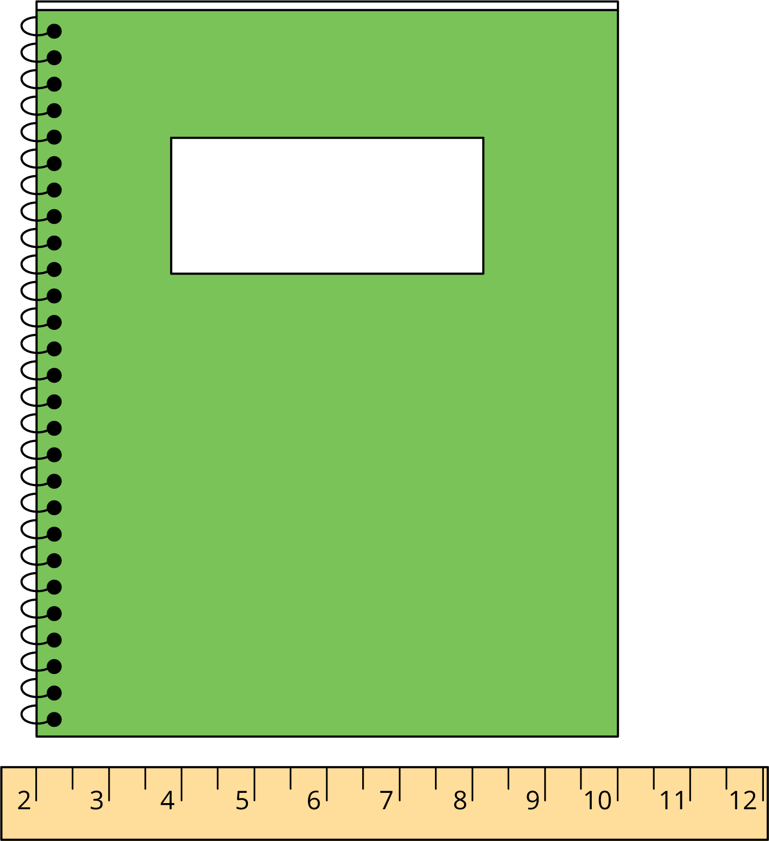 Una regla marcada con números del 2 al 12. Con la regla se mide el lado corto de un cuaderno. El lado corto del cuaderno comienza en 2 y termina en 10.