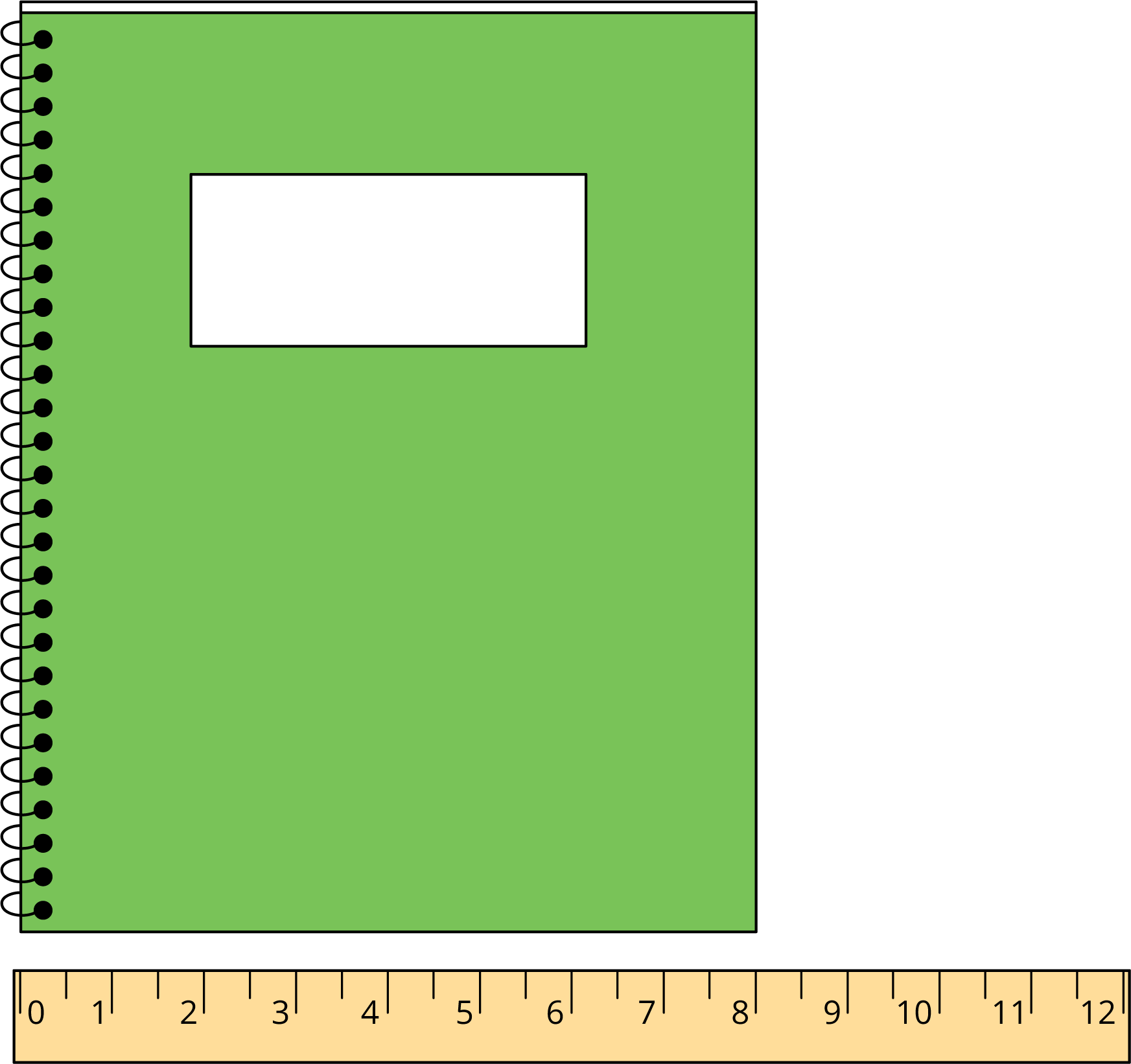 Una regla marcada con números del 0 al 12. Con la regla se mide el lado corto de un cuaderno. El lado corto del cuaderno comienza en 0 y termina en 8.