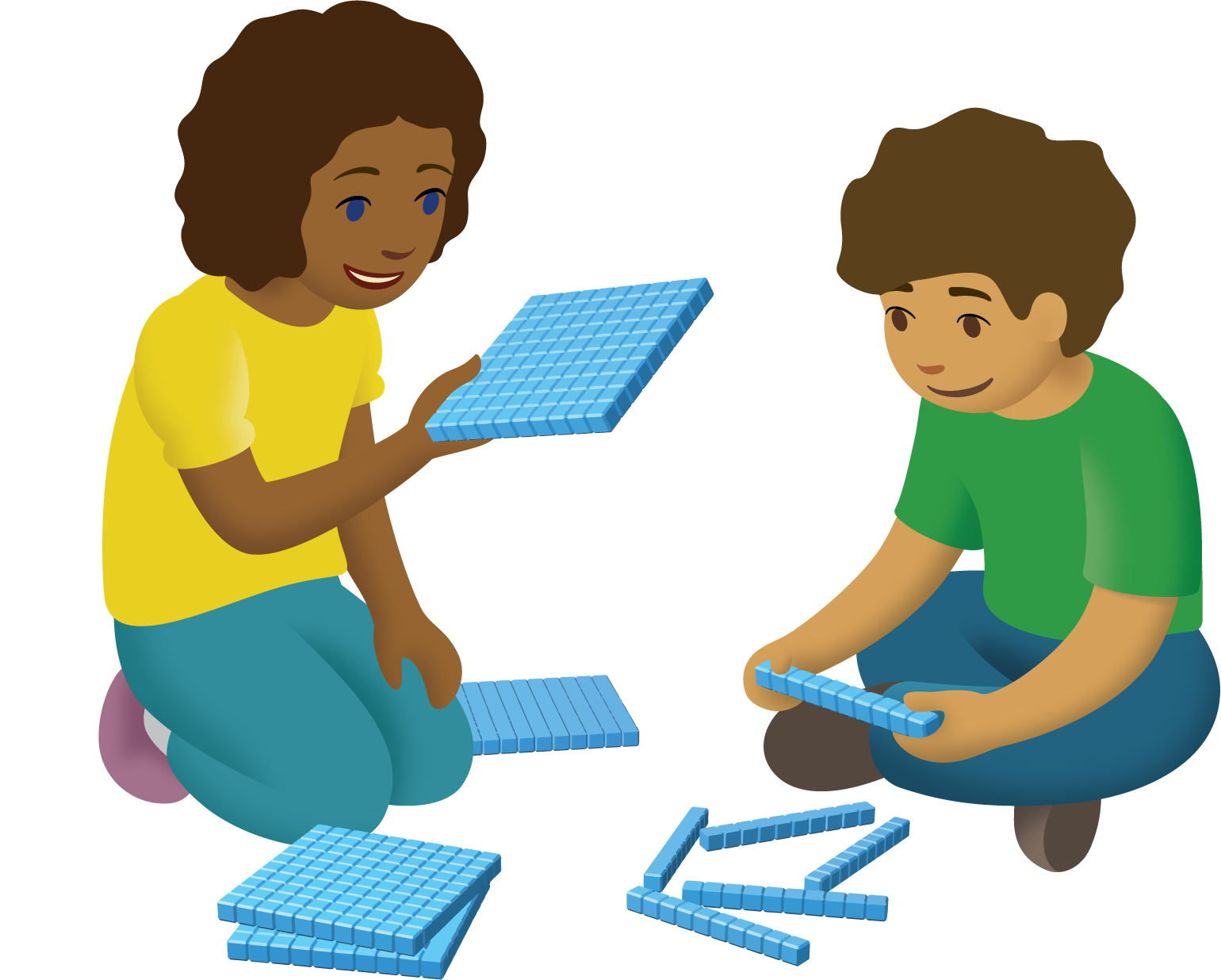 Two students with base-ten blocks.
