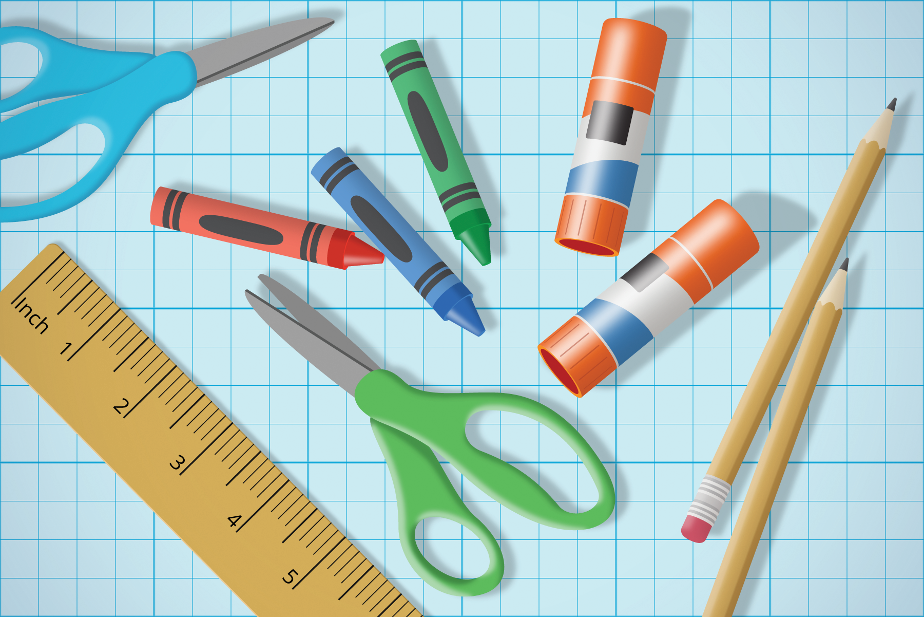 Barras de pegamento, crayones y lápices.