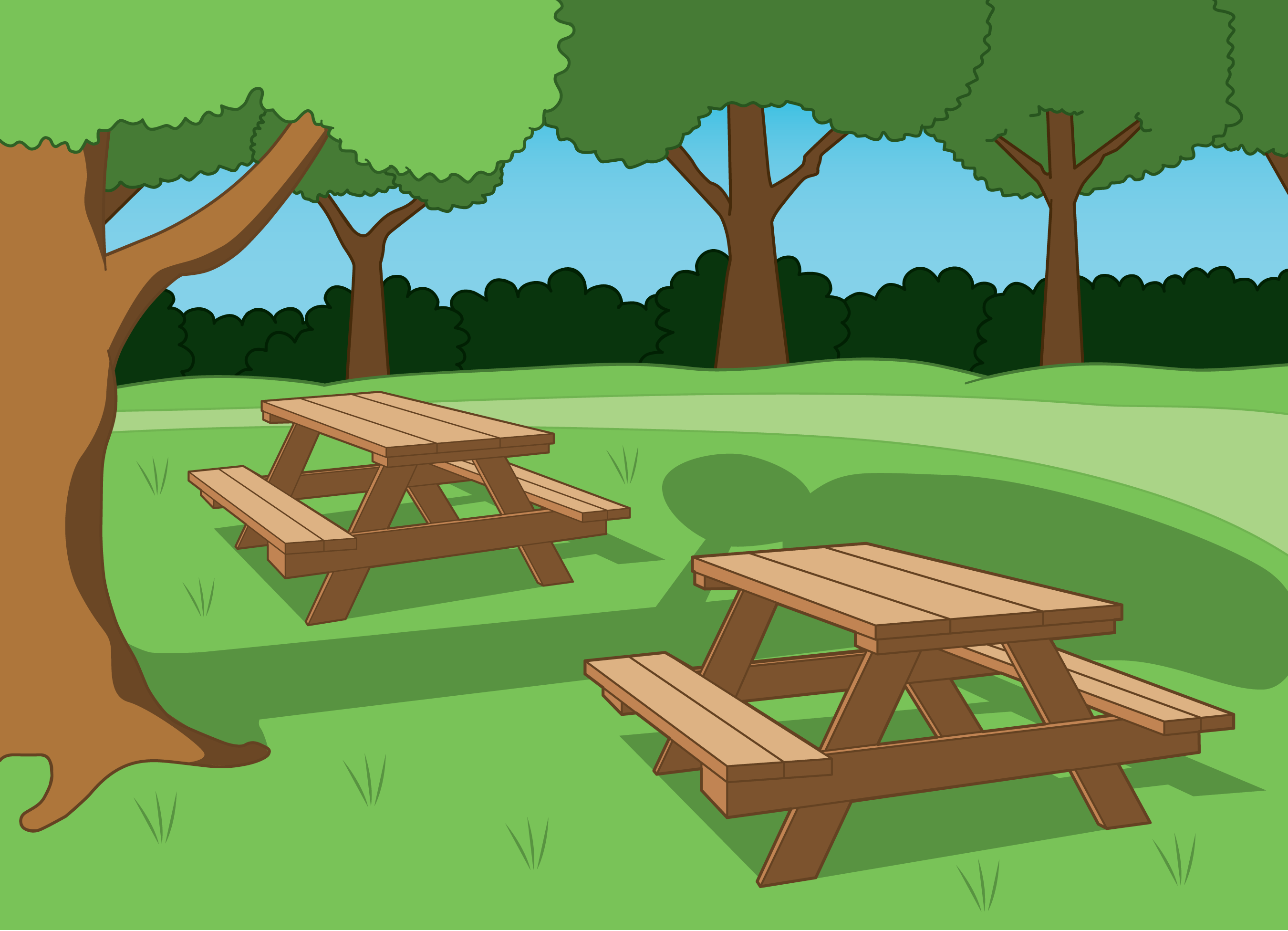 2 picnic tables outside.