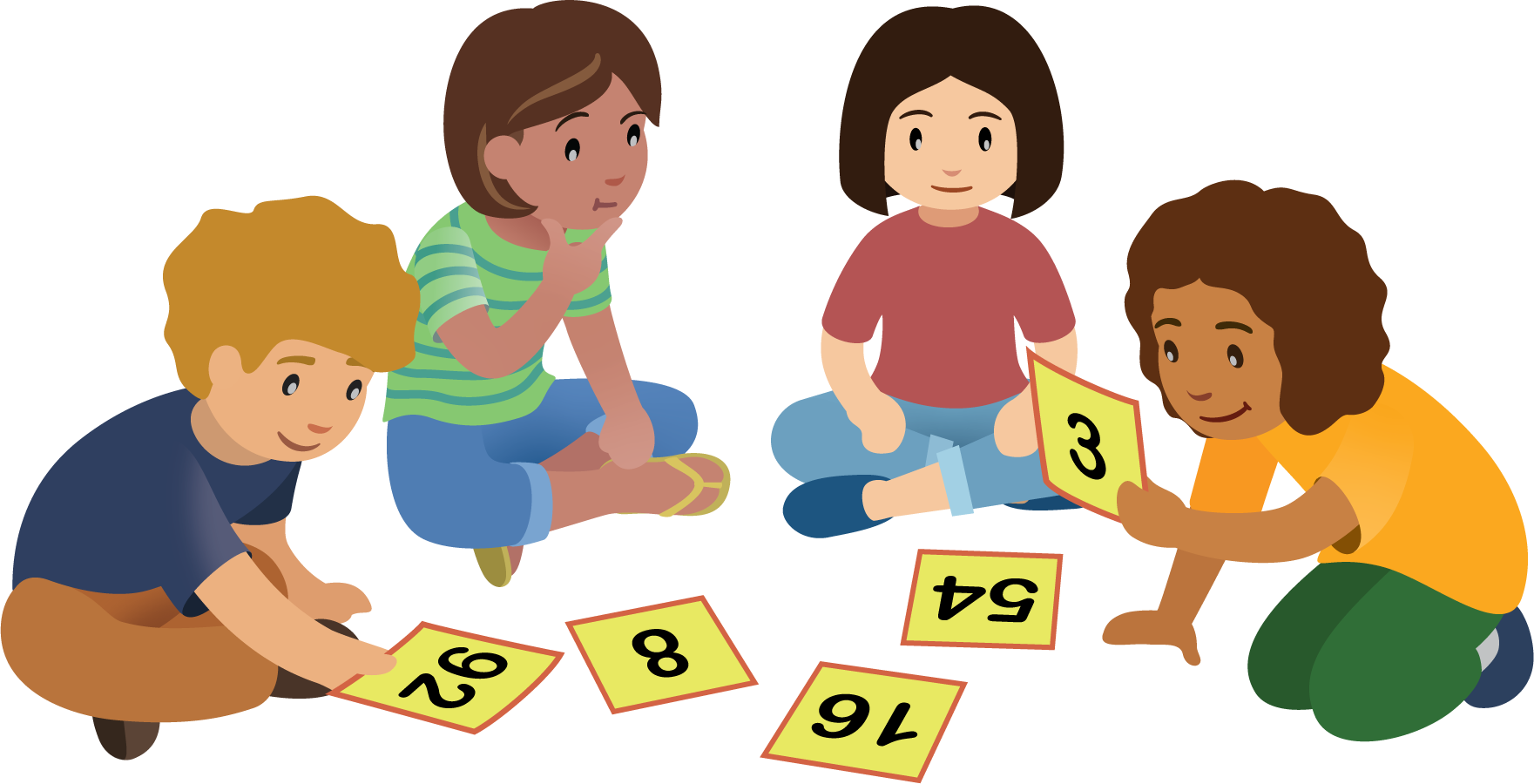 Students in a group with number cards.