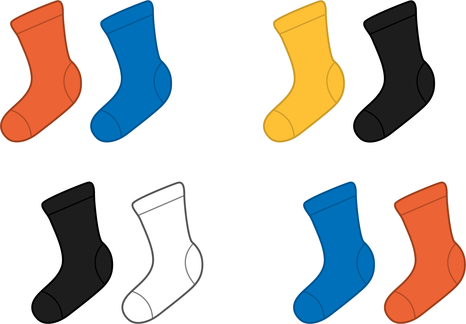 four mismatched pairs of socks