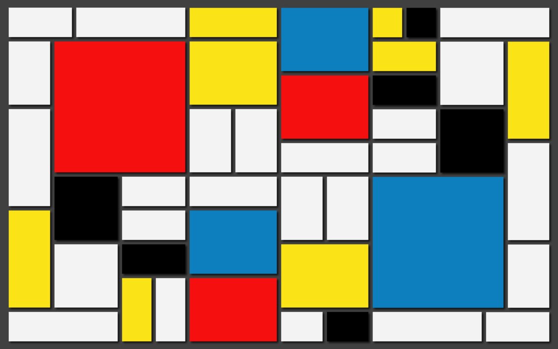 Image consisting of many connected rectangles and squares of different sizes and colors.