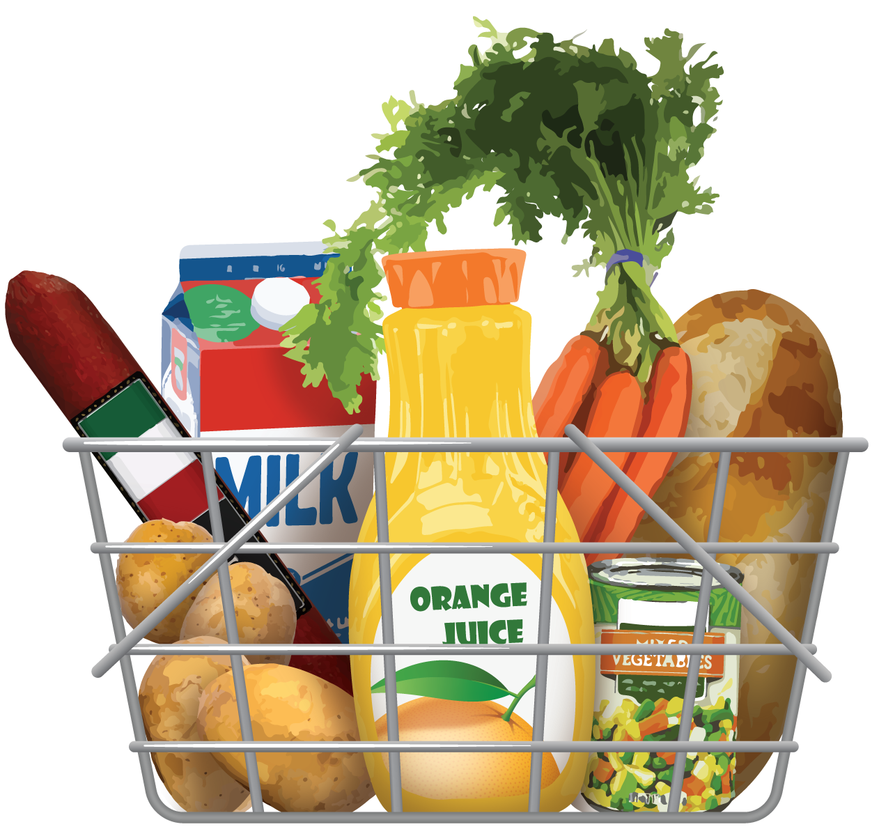 Shopping basket. Potatoes, 4. Sausage, 1. Milk, 1. Orange juice, 1. Loaf of bread, 1. Can of mixed vegetables, 1. Carrots, a bunch.