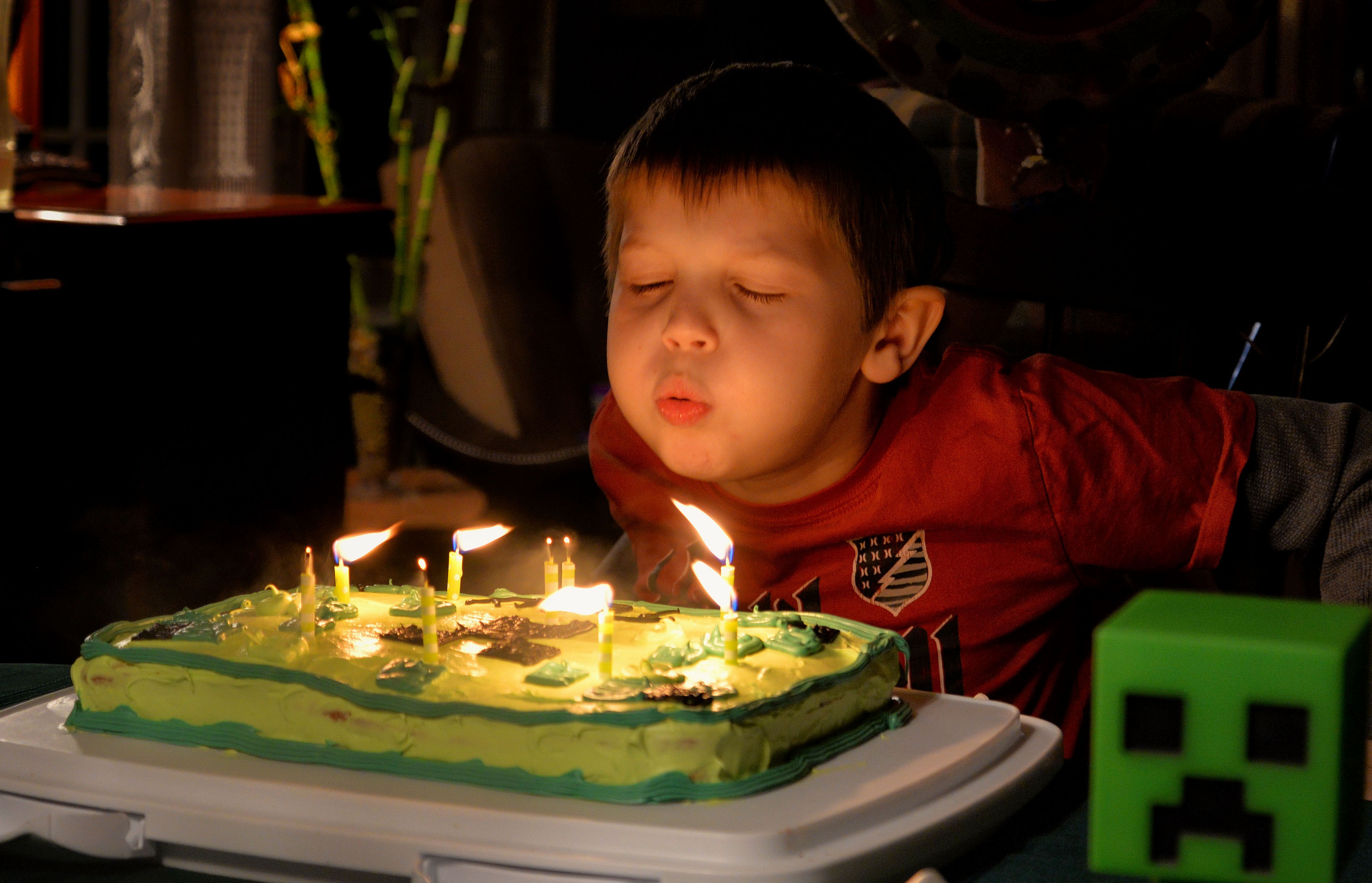 Boy blowing out candles on cake.