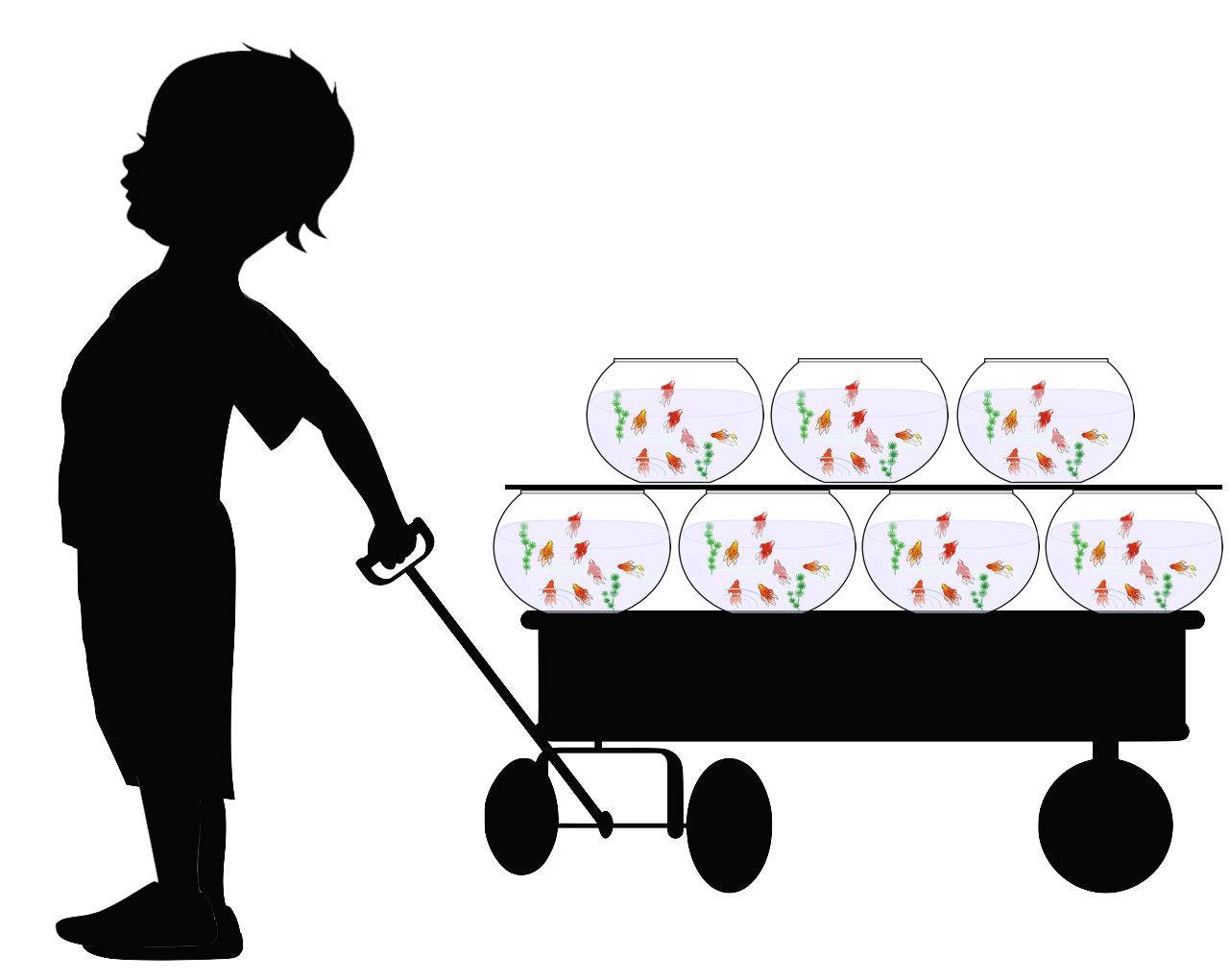 silhouette of child with a wagon containing 7 fish bowls
