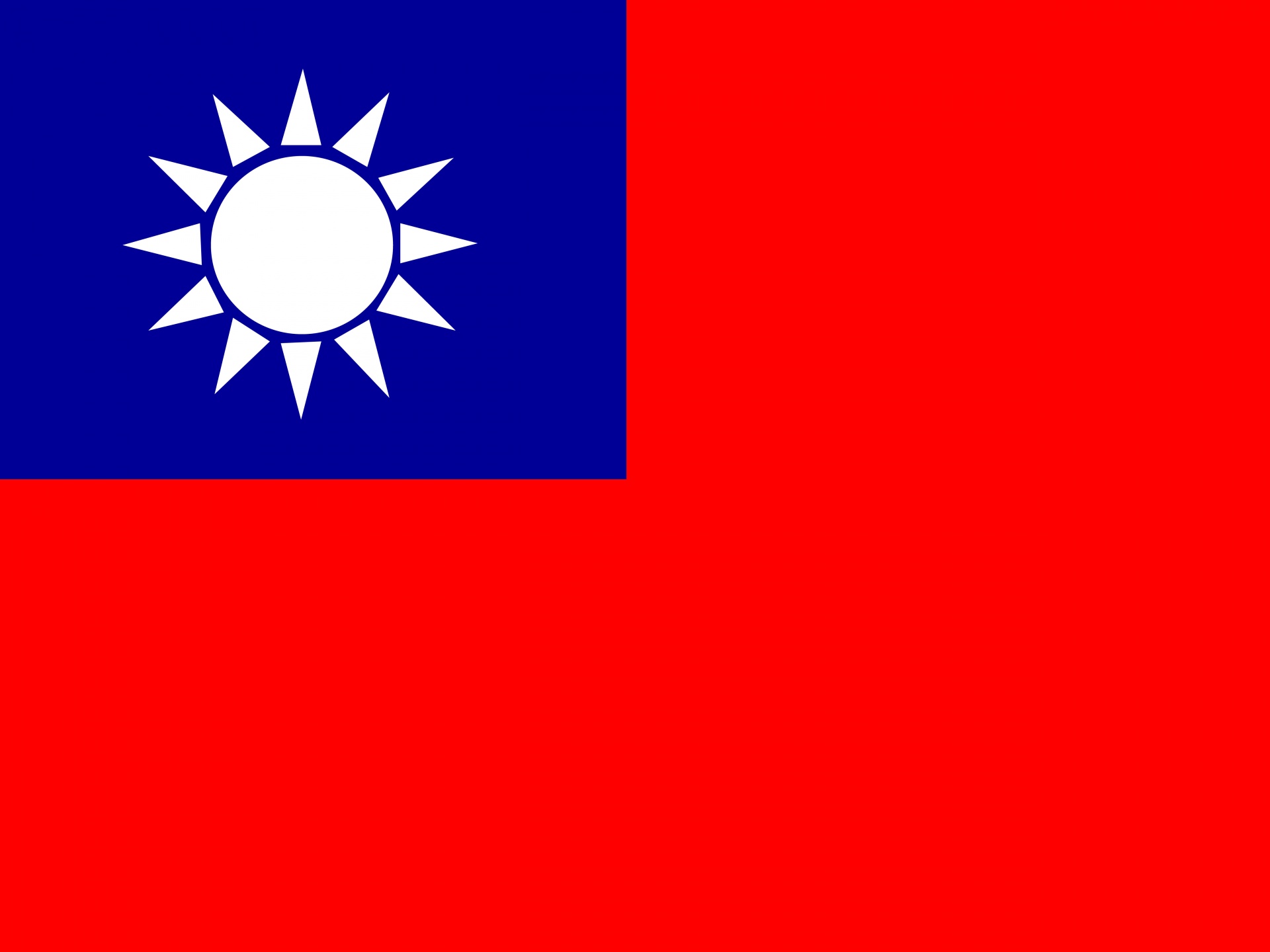 Bandera de Taiwán. Rectángulo. 3 cuartos están coloreados de rojo y el otro cuarto es un rectángulo pequeño ubicado en la esquina de arriba a la izquierda, de color azul y con un sol blanco adentro.