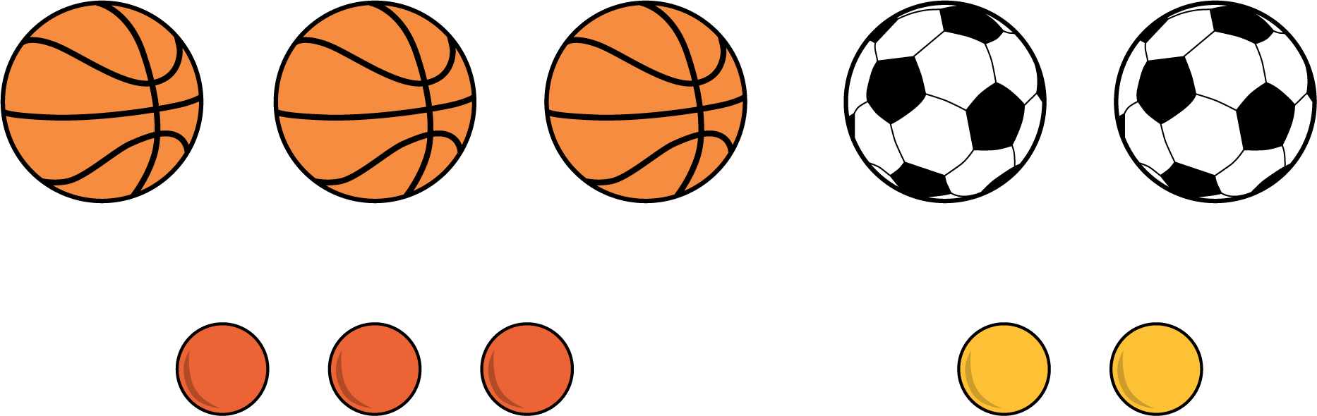Balls and counters. Basketballs, 3. Soccer balls, 2. Red counters, 3. Yellow counters, 2.