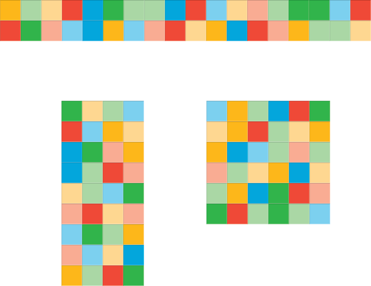 3 rectángulos de diferentes tamaños formados por cuadrados coloridos.