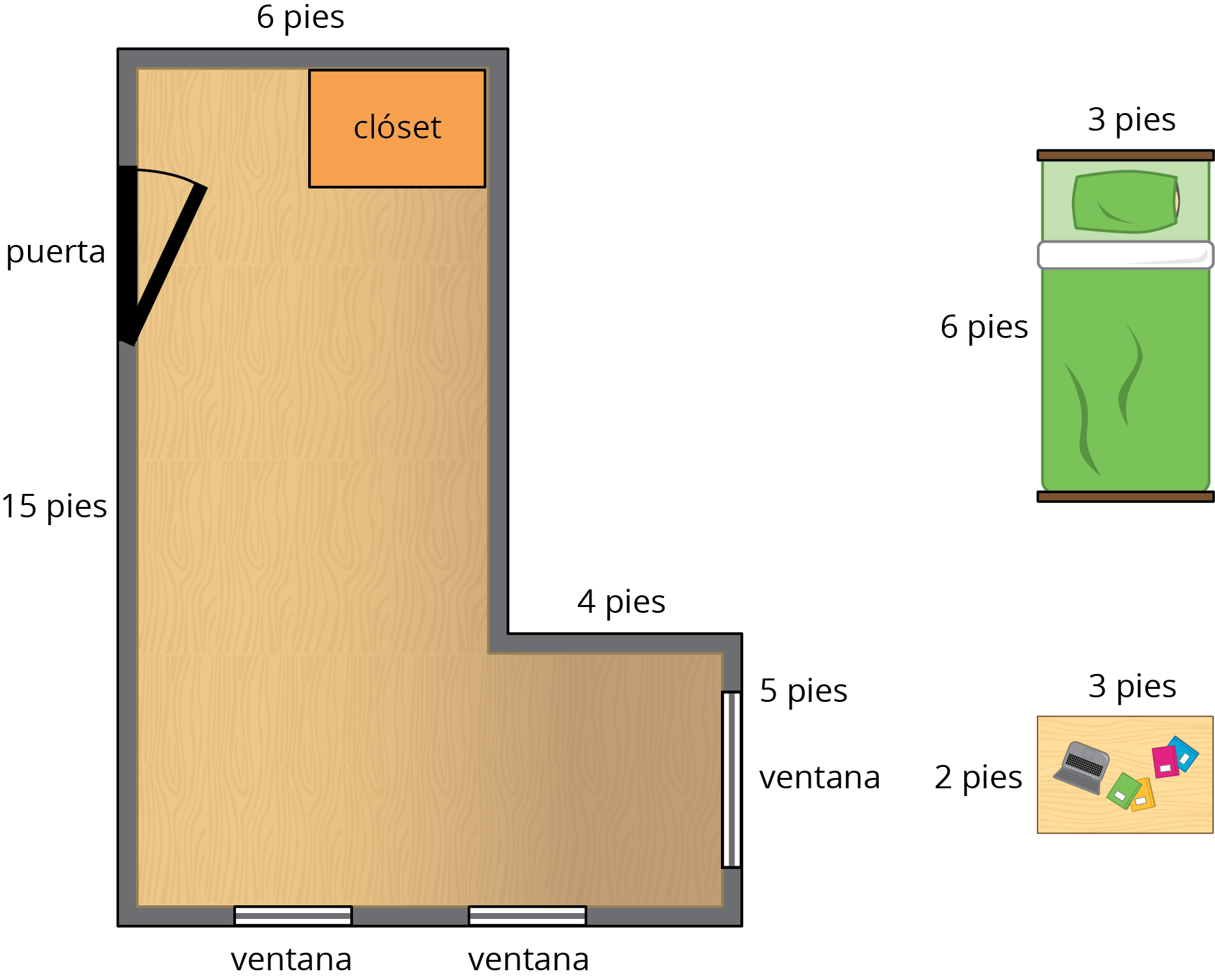 Plano de una habitación con una puerta, 2 ventanas y muebles fuera de la habitación.