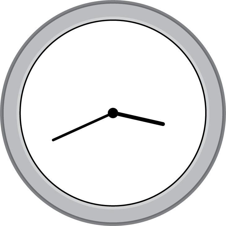 Reloj analógico sin marcas ni números. La manecilla de las horas está entre el 3 y el 5. La manecilla de los minutos está entre el 7 y el 9.