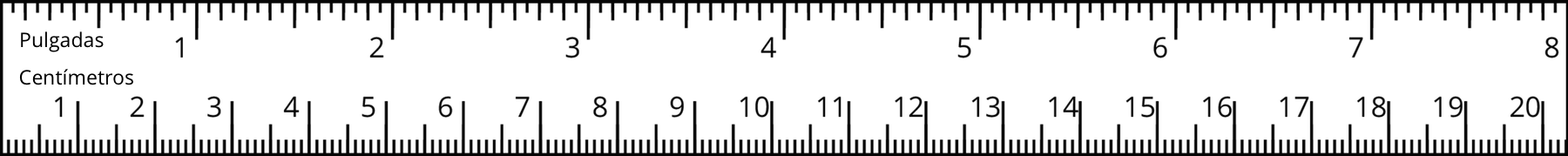 Regla con 8 pulgadas en la parte de arriba y 20 centímetros en la parte de abajo.