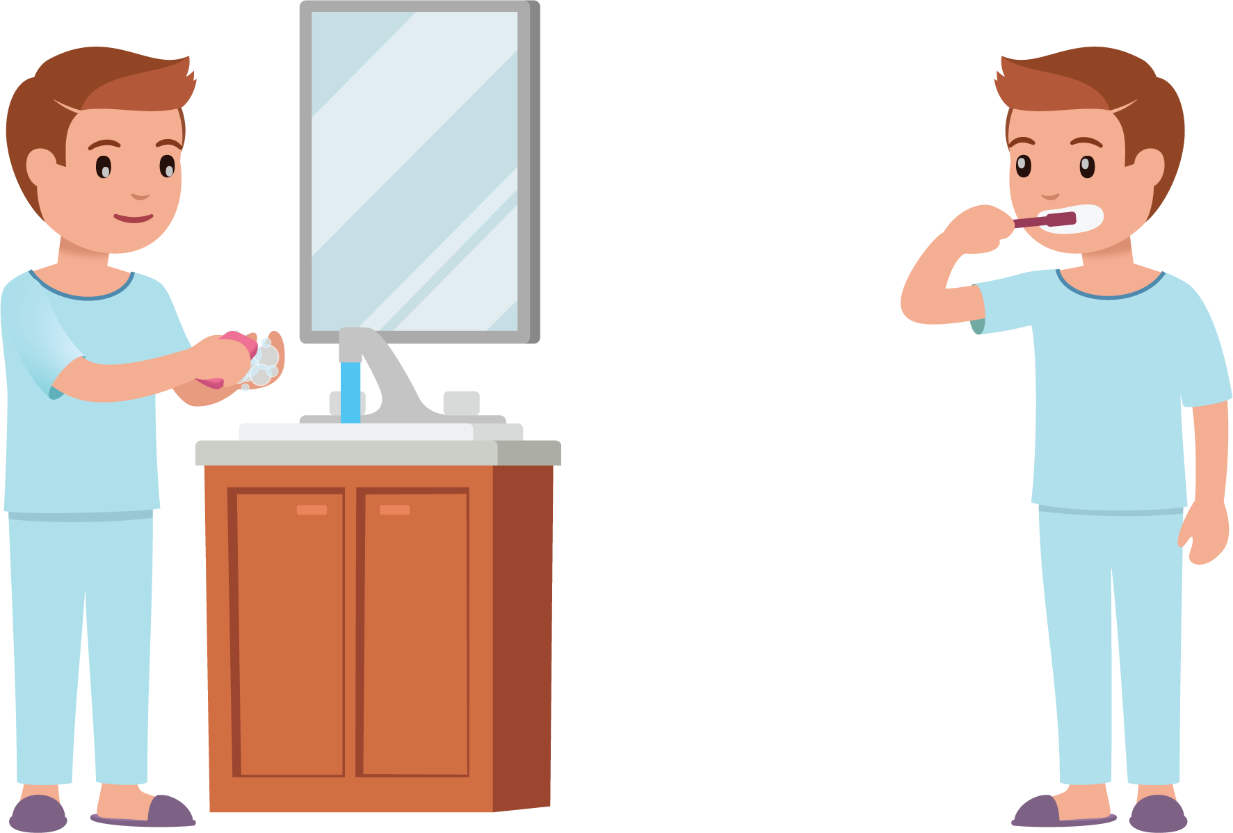 image of a student washing hands on the left and brushing teeth on the right