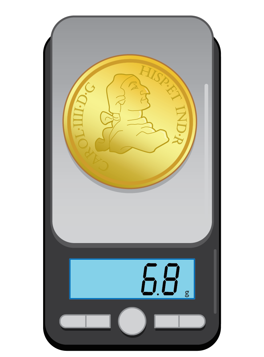 Una moneda de doblón en una balanza que muestra 6 punto 8 gramos.
