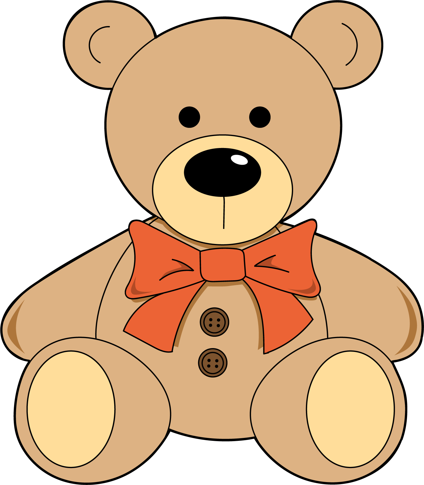 Brown teddy bear. Two buttons. Red bow tie.