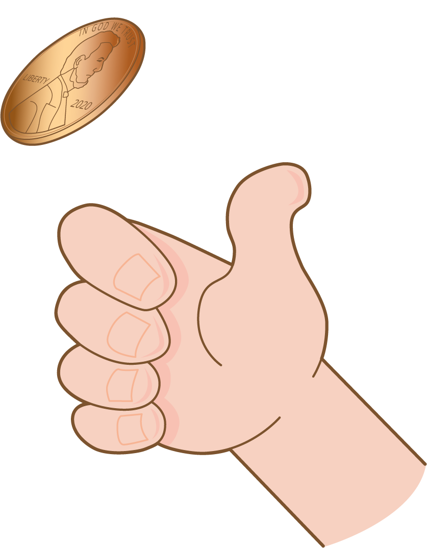 Una mano está lanzando una moneda de un centavo al aire. La moneda muestra el lado que corresponde a cara.