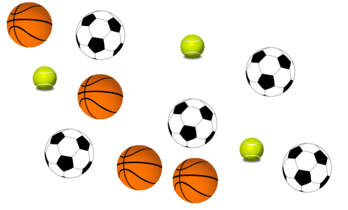 Balls. Orange basketball, 4. Black and white soccer, 5. Yellow tennis, 3. Toal, 12.