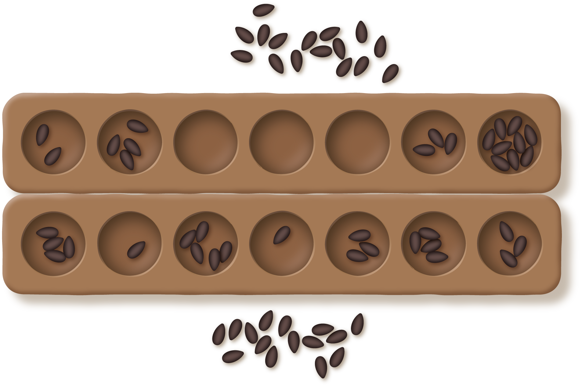 Mancala game board. Some holes have seeds. Some holes are empty. Seeds outside of the game board.