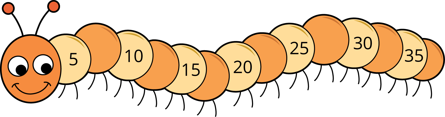 Caterpillar with every other body segment labeled with a number. From left to right: 5, 10, 15, 20, 25, 30, 35.