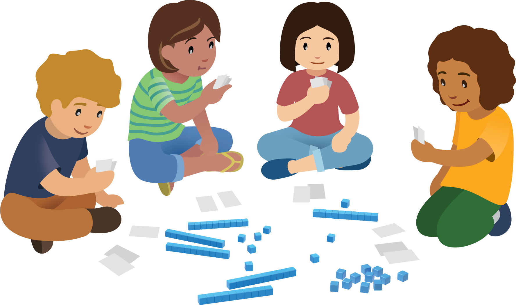 Students with cards and base ten blocks