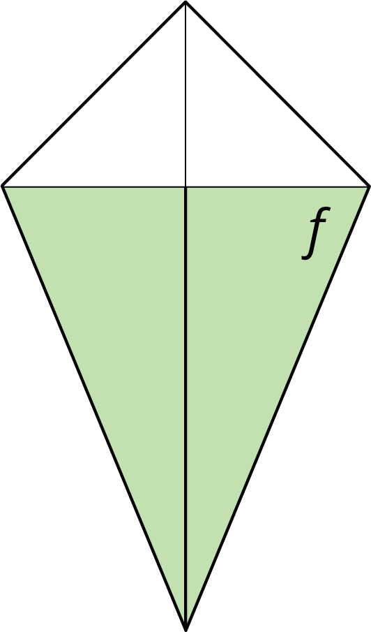 image of a kite. The angle located on the far right below the horizontal cross is labeled f.