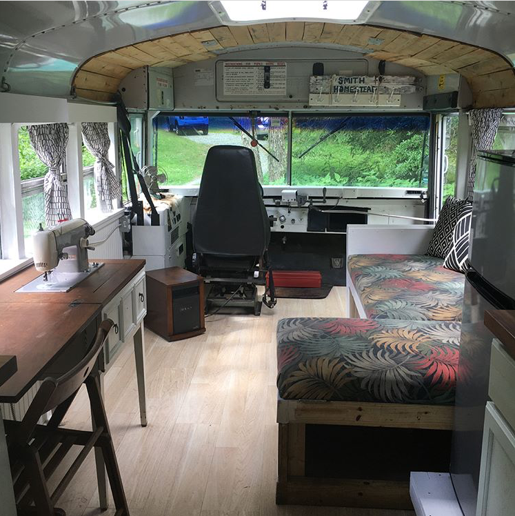 inside view of a bus converted into a living space
