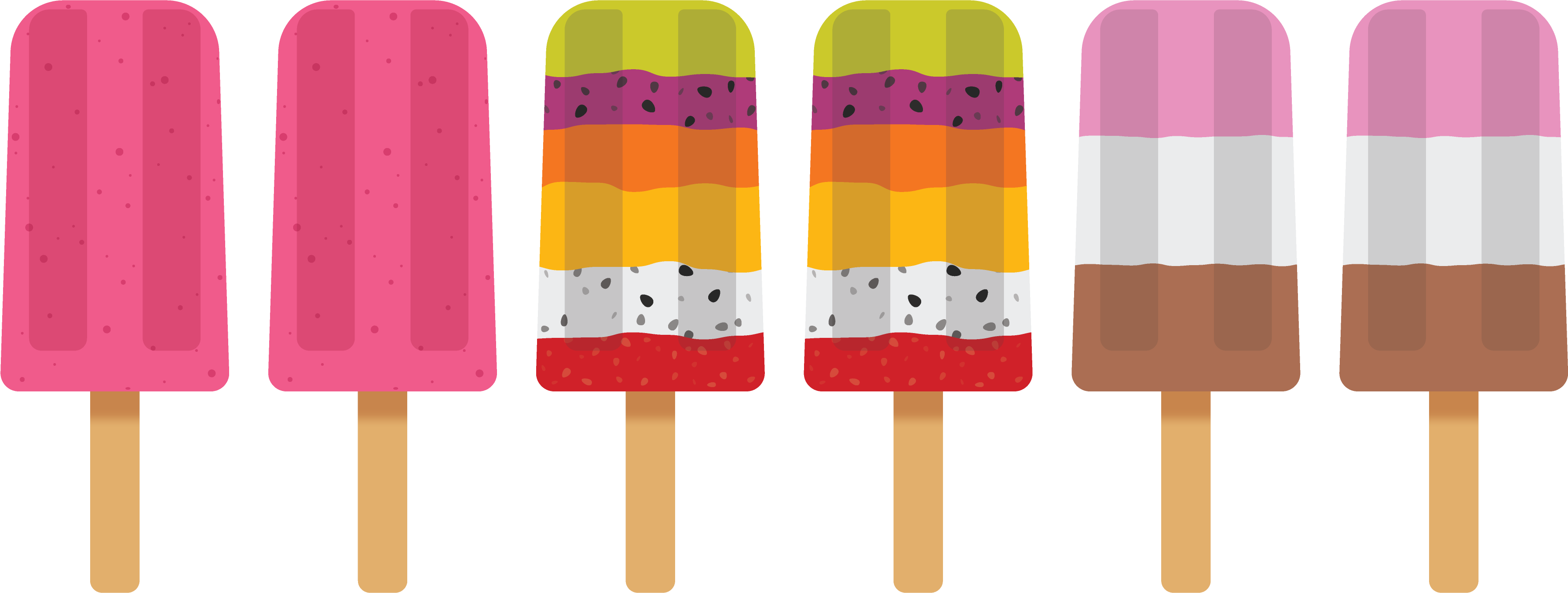 image of 2 pink, 2 multi-colored, and 2 neapolitan ice pops.