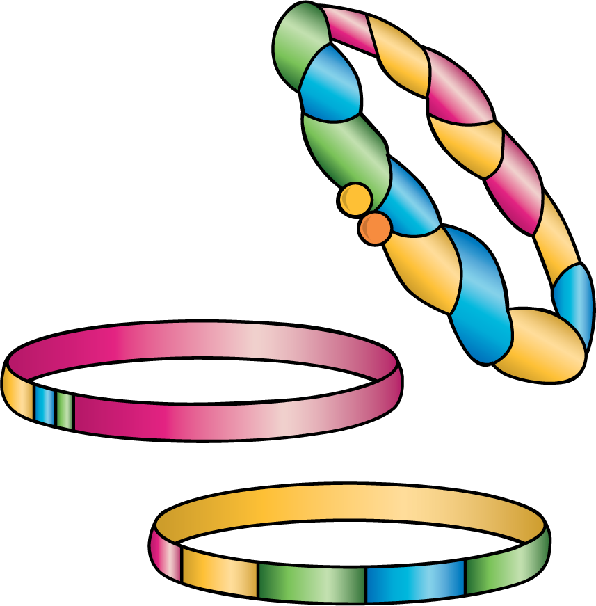 Tres pulseras del mismo tamaño. Una es casi toda rosada. Otra tiene franjas de color rosado, amarillo, verde y azul. La otra pulsera está hecha con trenzas de varios colores.