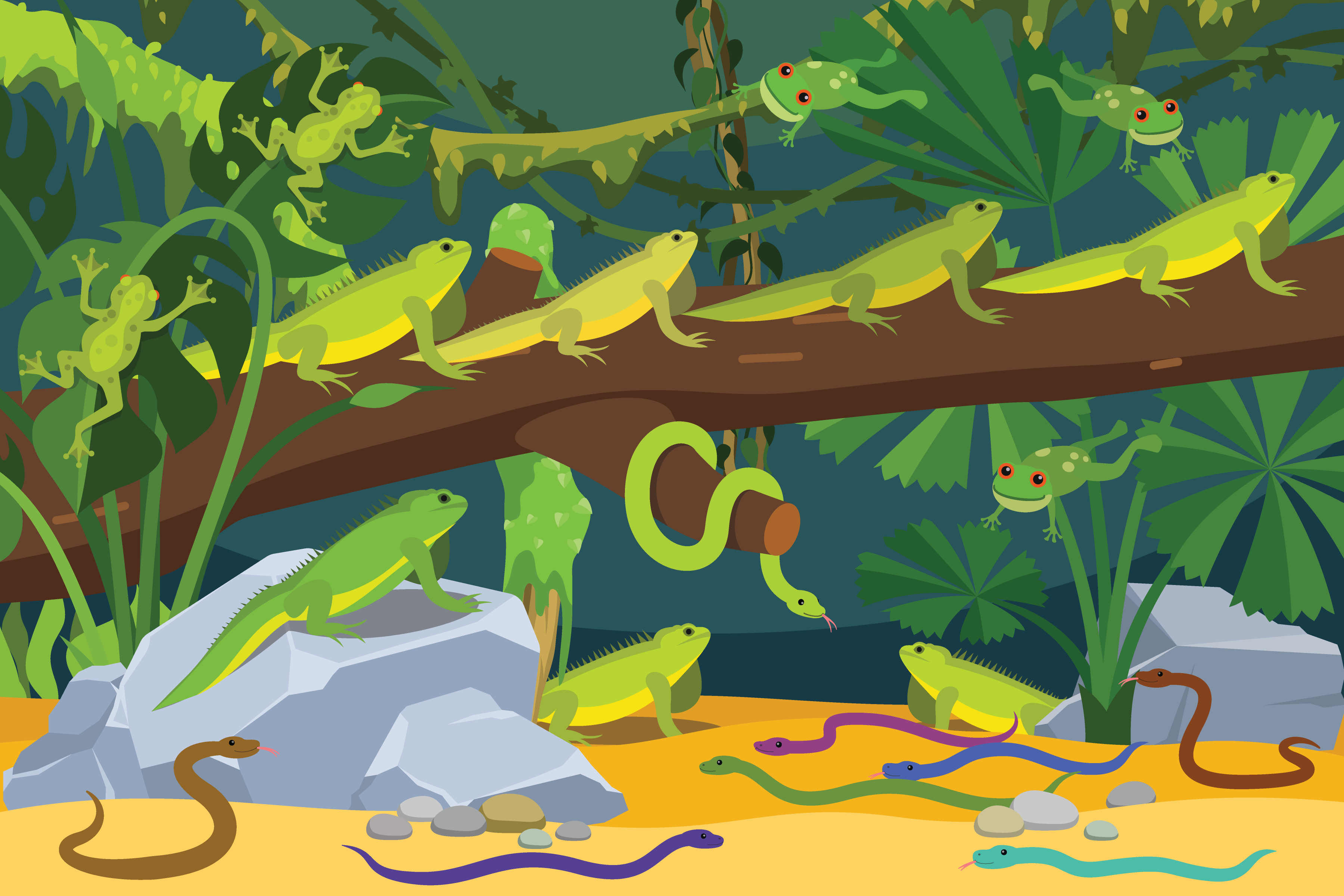 Dibujo de iguanas, ranas y serpientes de varios colores, rodeadas de plantas. 8 serpientes, 5 ranas y 7 iguanas.