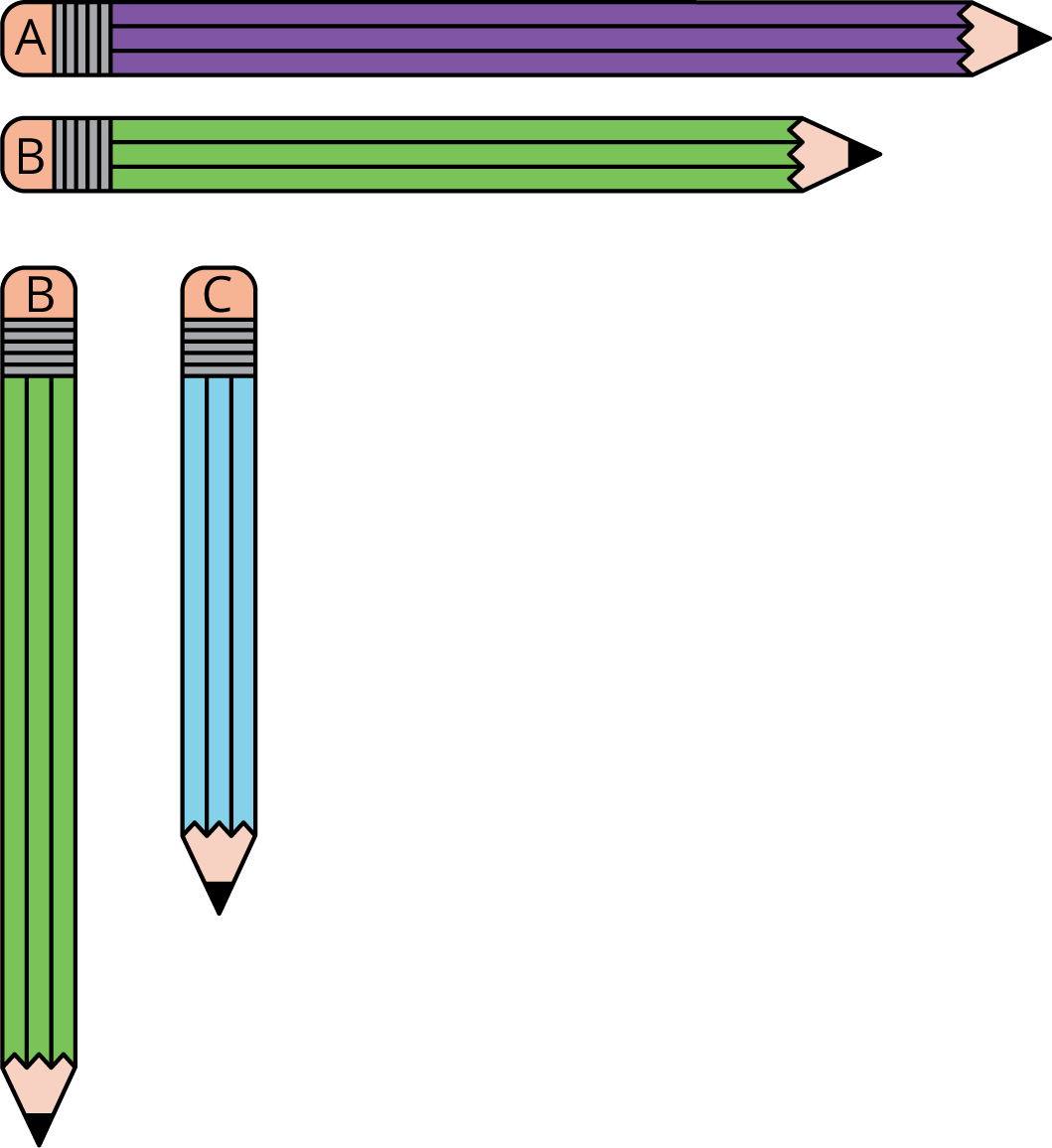 Pencils in 2 groups. For each group, 2 pencils are lined up at erasers but not at the pencil point.