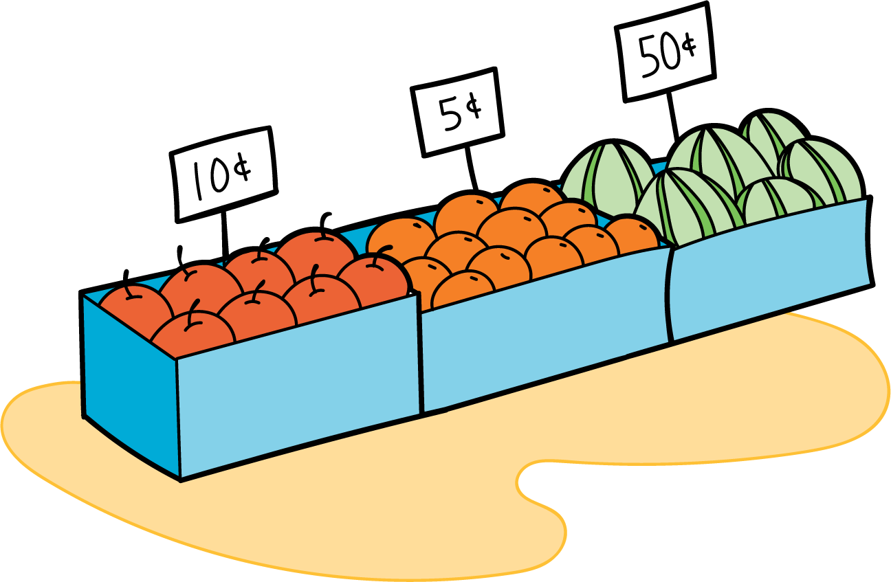 Three boxes of fruit. First box. Apples, 8. Labeled 10 cents. Second box. Oranges, 12. Labeled 5 cents. Third box. Watermelons. Labeled, 50 cents.