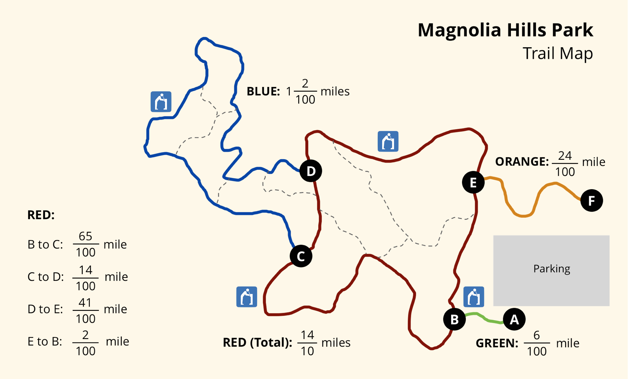 Map. Magnolia Hills Park, Trail Map. Red, Blue, Orange, Green Trails. 