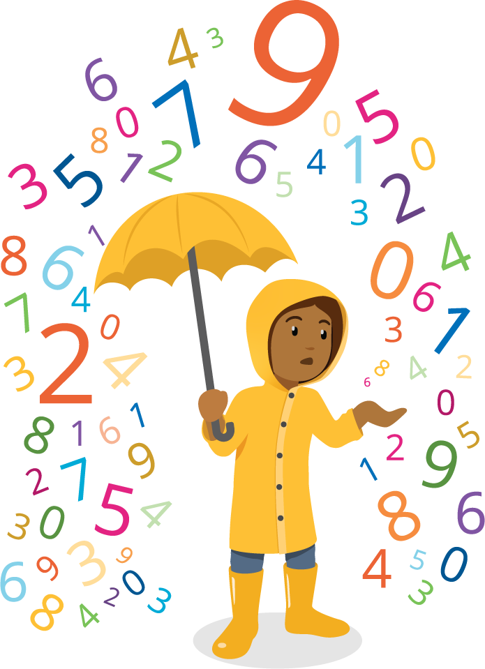 Una persona tiene un paraguas y están lloviendo números.