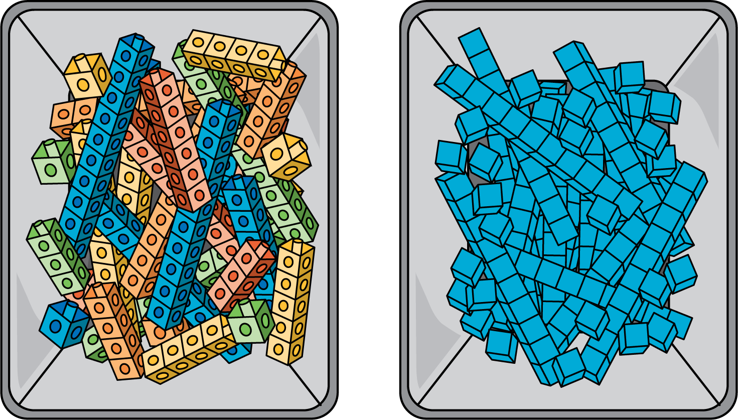 1 bin of connecting cubes. 1 bin of base ten blocks.