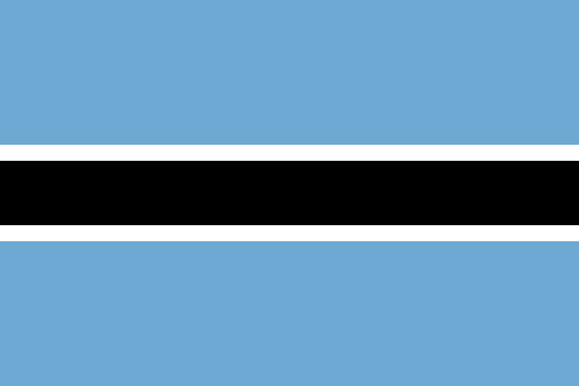 Bandera de Botsuana. Rectángulo dividido en 5 filas. Los colores de las filas, de arriba abajo, son azul, blanco, negro, blanco, azul. Las filas azules son igual de anchas y son las más anchas. Las filas blancas son igual de anchas y son las más estrechas.