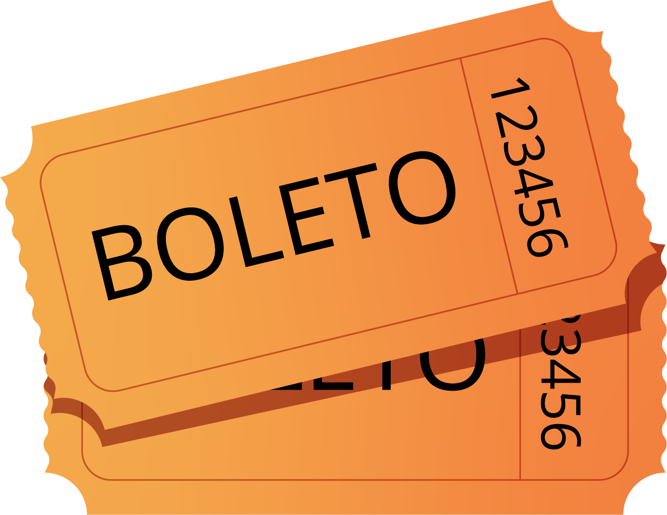 2 boletos rectangulares de color anaranjado brillante. Cada uno tiene la palabra "boleto" en el medio y el número 123456 en orientación vertical.