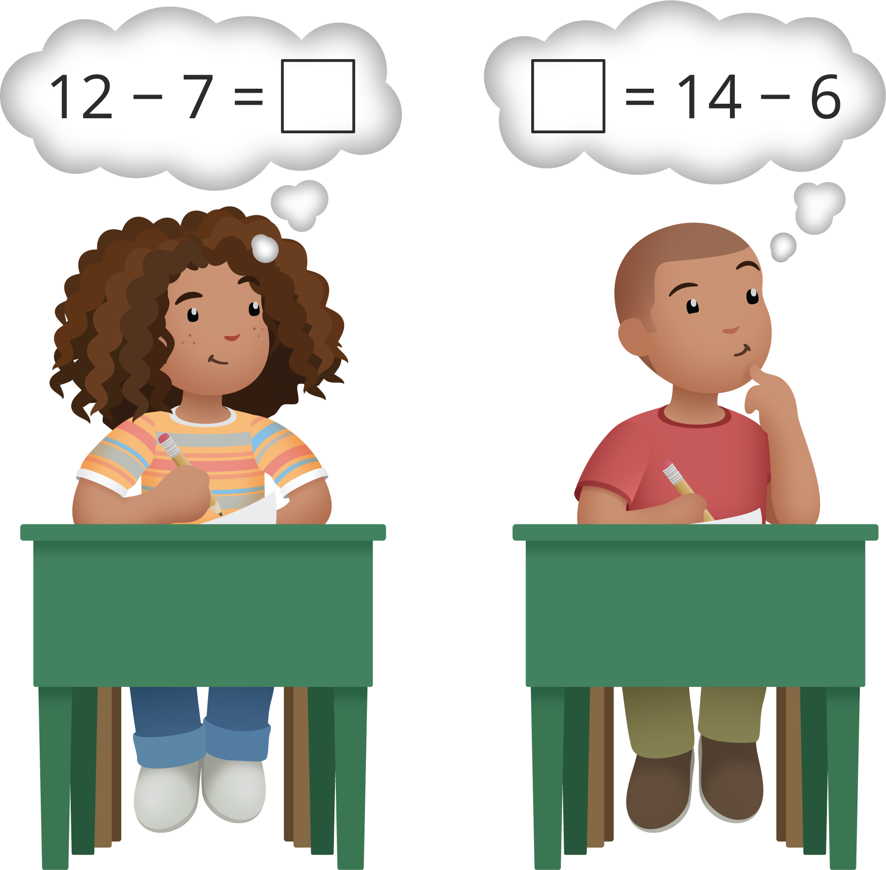 Dos estudiantes sentados en sus pupitres. Cada uno está pensando en una ecuación distinta que se muestra sobre sus cabezas.