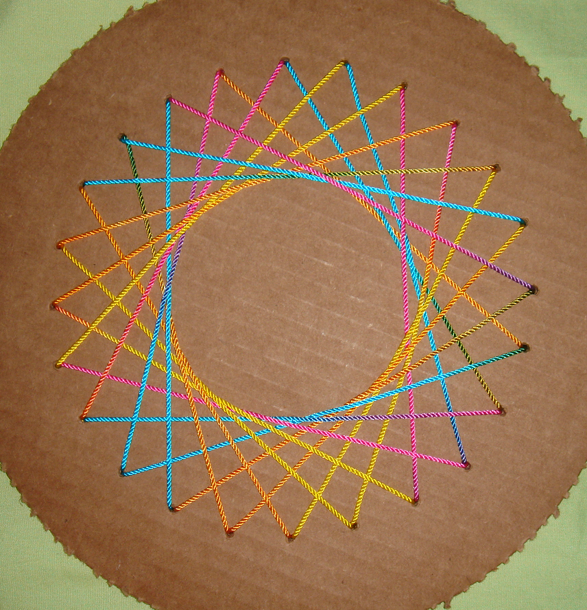 image of many colorful lines of string forming a circular pattern
