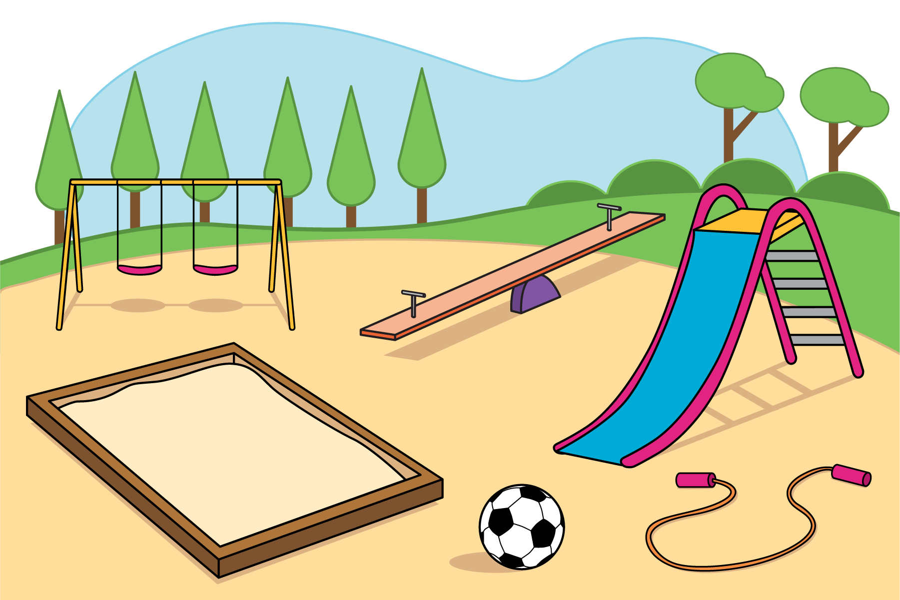 Playground. Swings, sandbox, seesaw, slide, jumprope, soccer ball.
