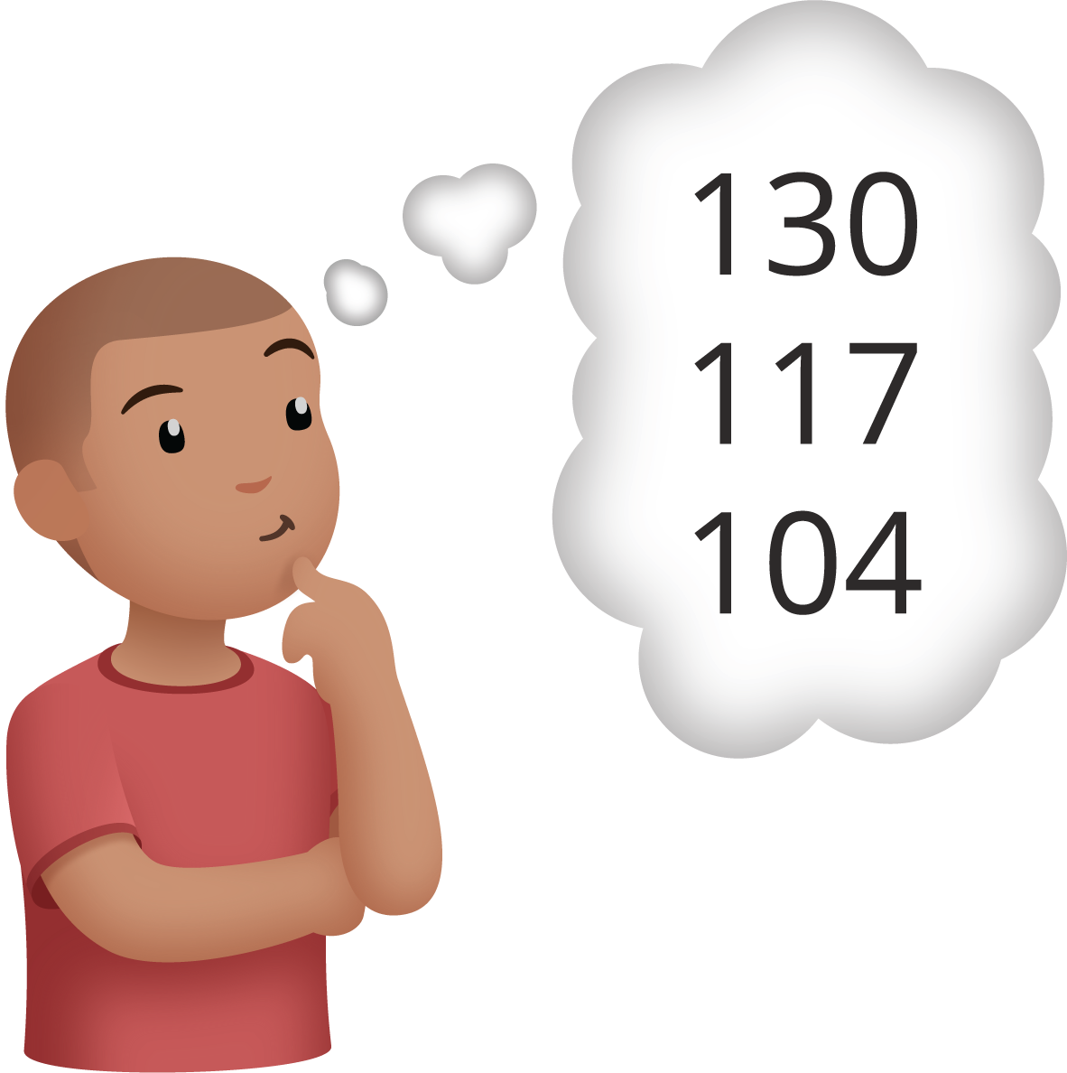 Un estudiante está pensando en los números 104, 117 y 130.