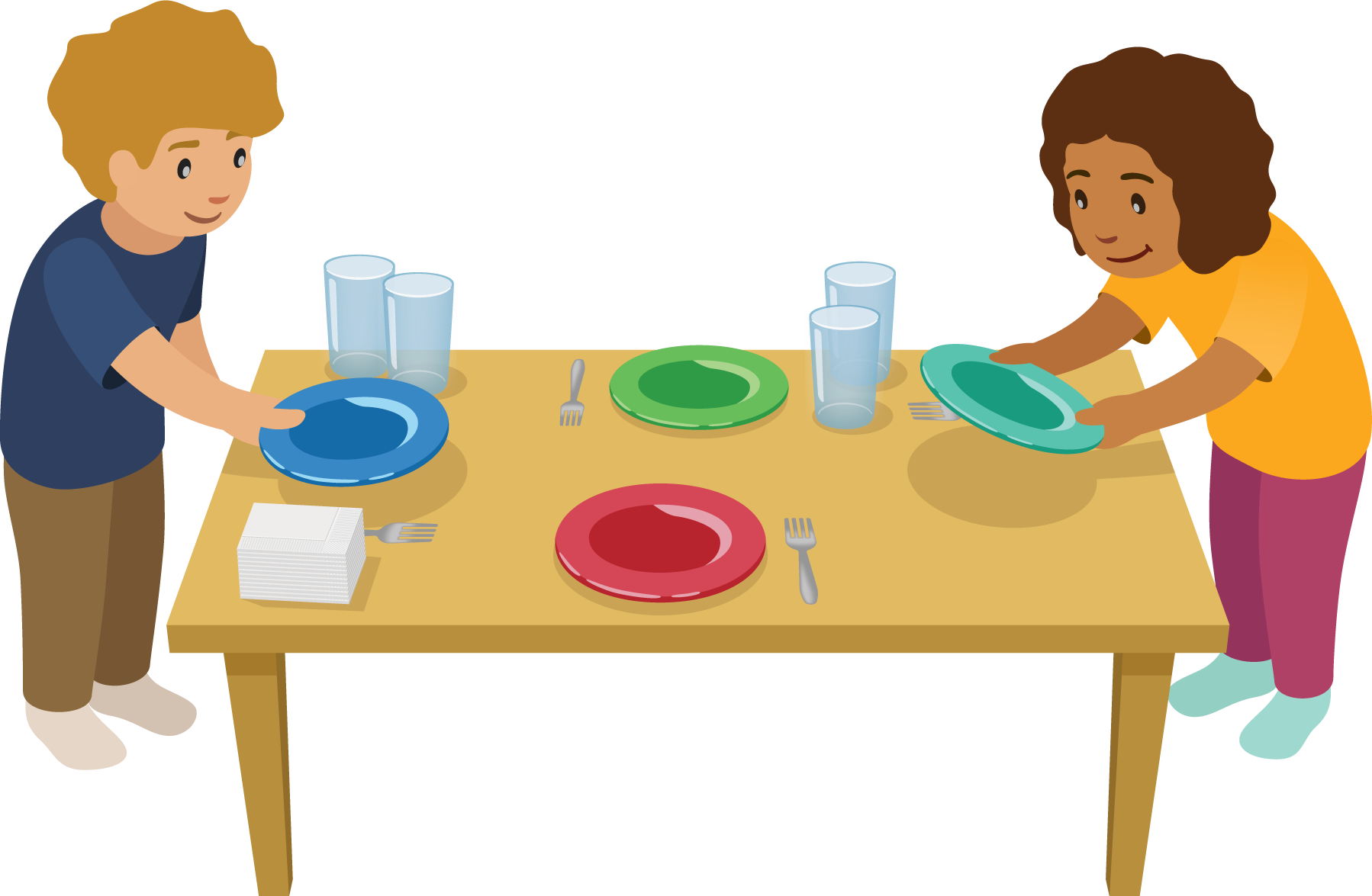 Dos niños están poniendo platos en una mesa.