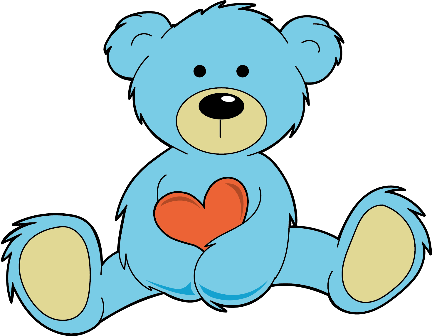 Fuzzy blue teddy bear holding red heart.