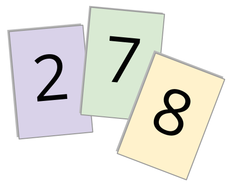 Tres tarjetas con los números 2,7 y 8.
