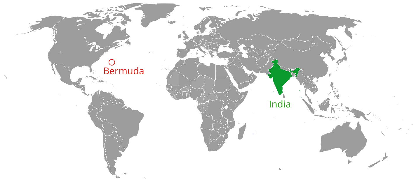 map of the world. India, shaded green. Bermuda, circled in red.