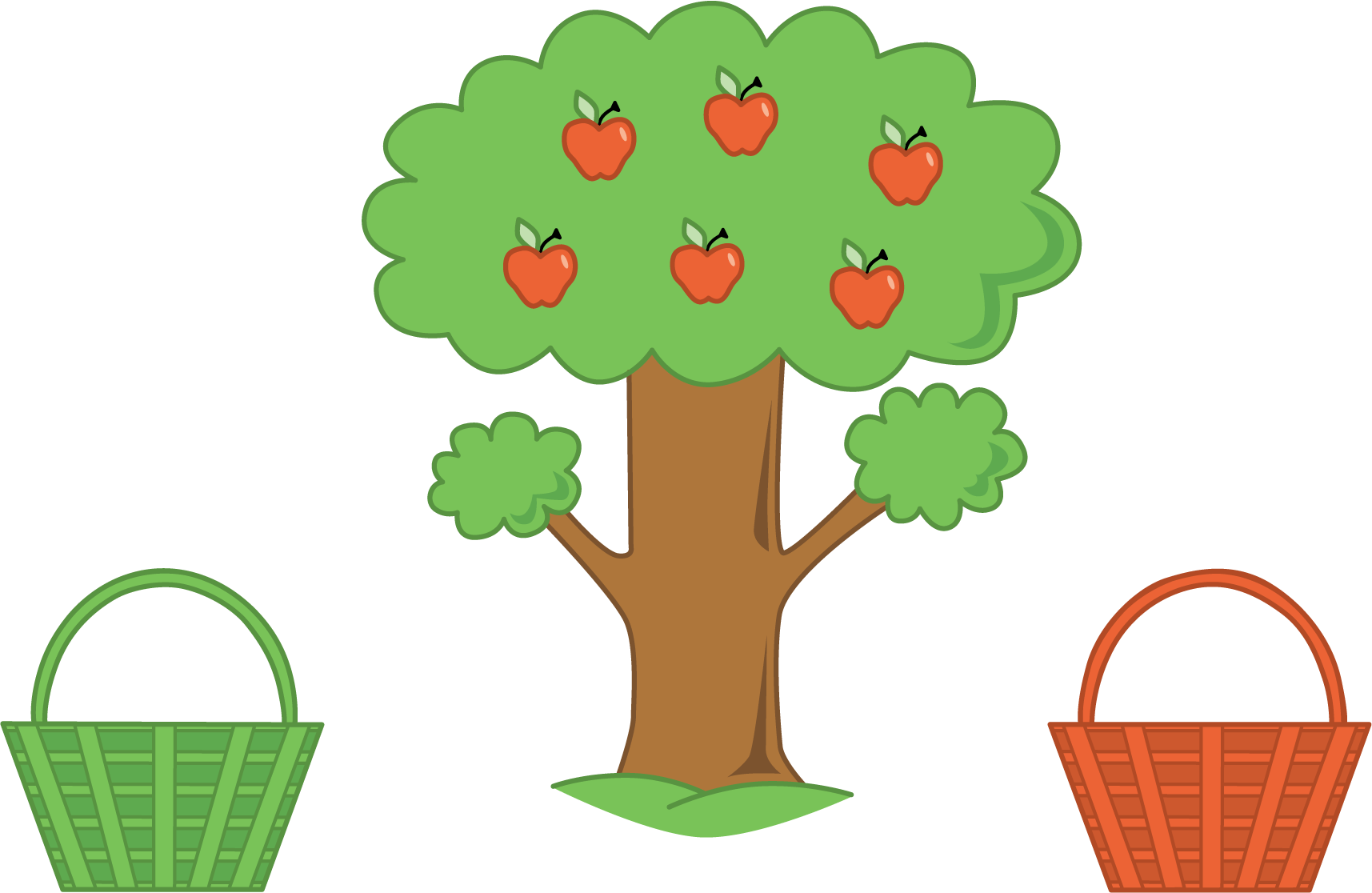 Apple tree with 6 red apples. 2 baskets, 1 green and 1 red.