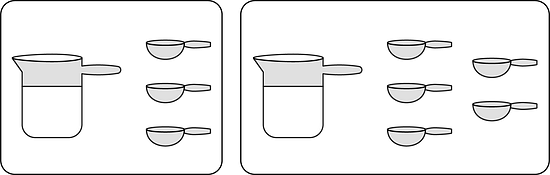 Two figures: The first figure shows 1 cup and 3 tablespoons. The second figure shows 1 cup and 5 tablespoons.
