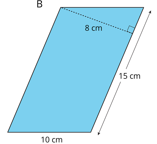 A parallelogram with side lengths 15 centimeters and 10 centimeters. An 8-centimeter perpendicular segment connects one vertex of the 15-centimeter side to a point on the other 15-centimeter side.