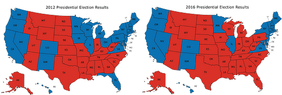 Two maps of the United States showing presidential election results from 2012 and 2016