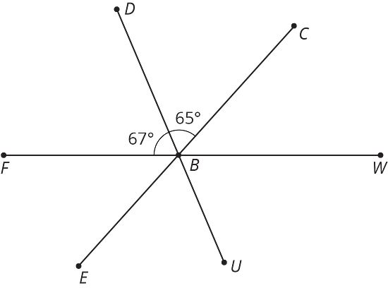 Angles are formed by 3 intersecting lines. The two labeled angles are 65 and 67 degrees